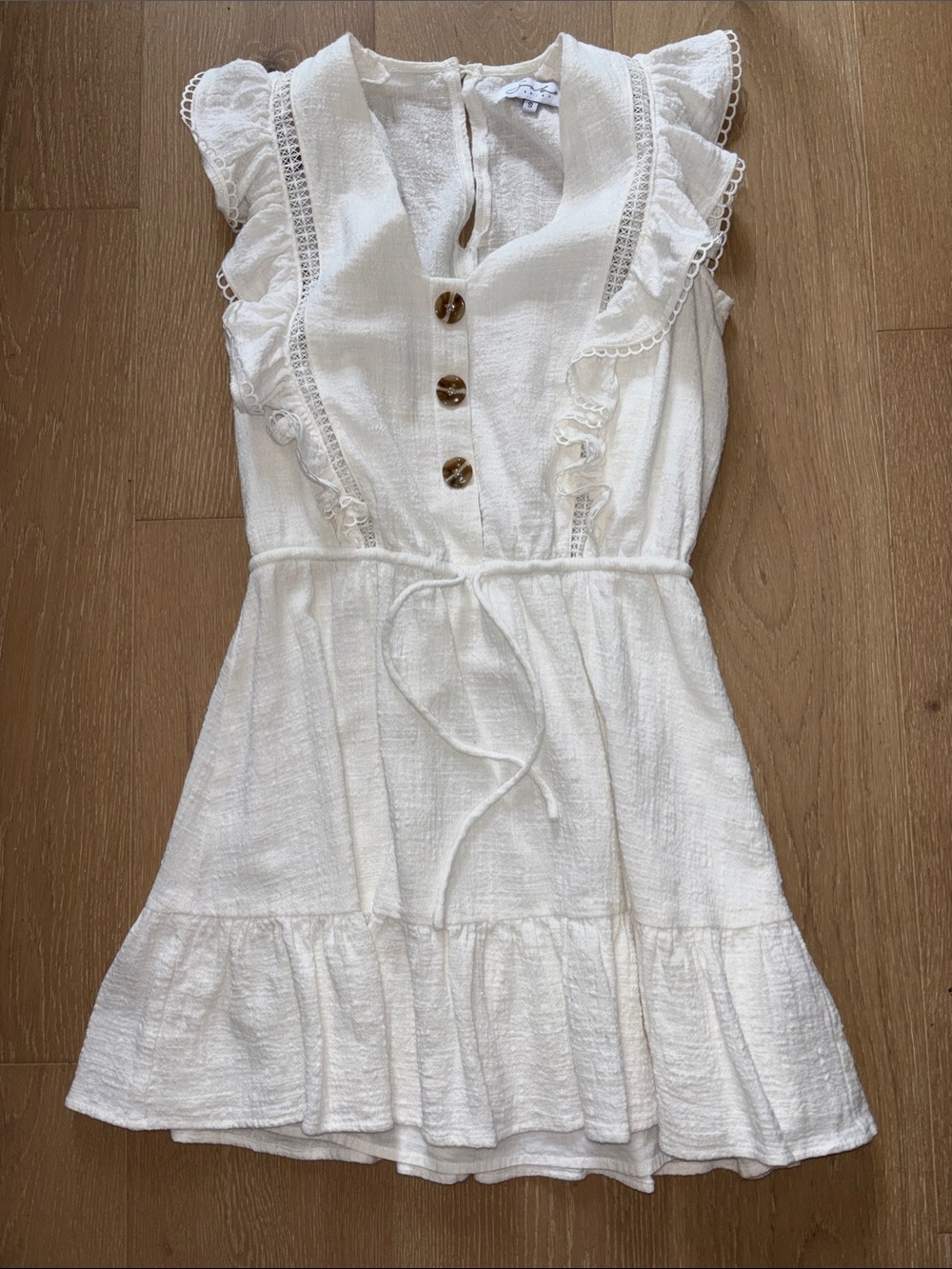 Womens lined White Ruffle mini dress by Sabo Skirt, small.